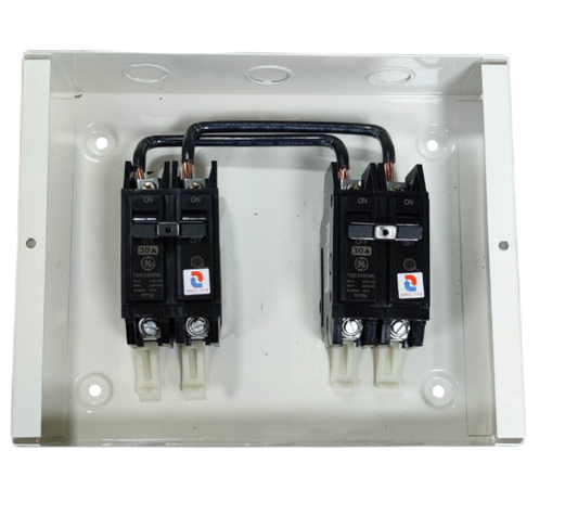 GE and Koten 30A manual transfer switch electrical circuitry with dual circuit breakers in metal enclosure