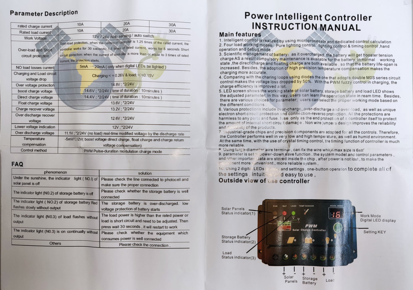 ZwitseRise 30A Solar Controller electrical circuitry and parts with instruction manual