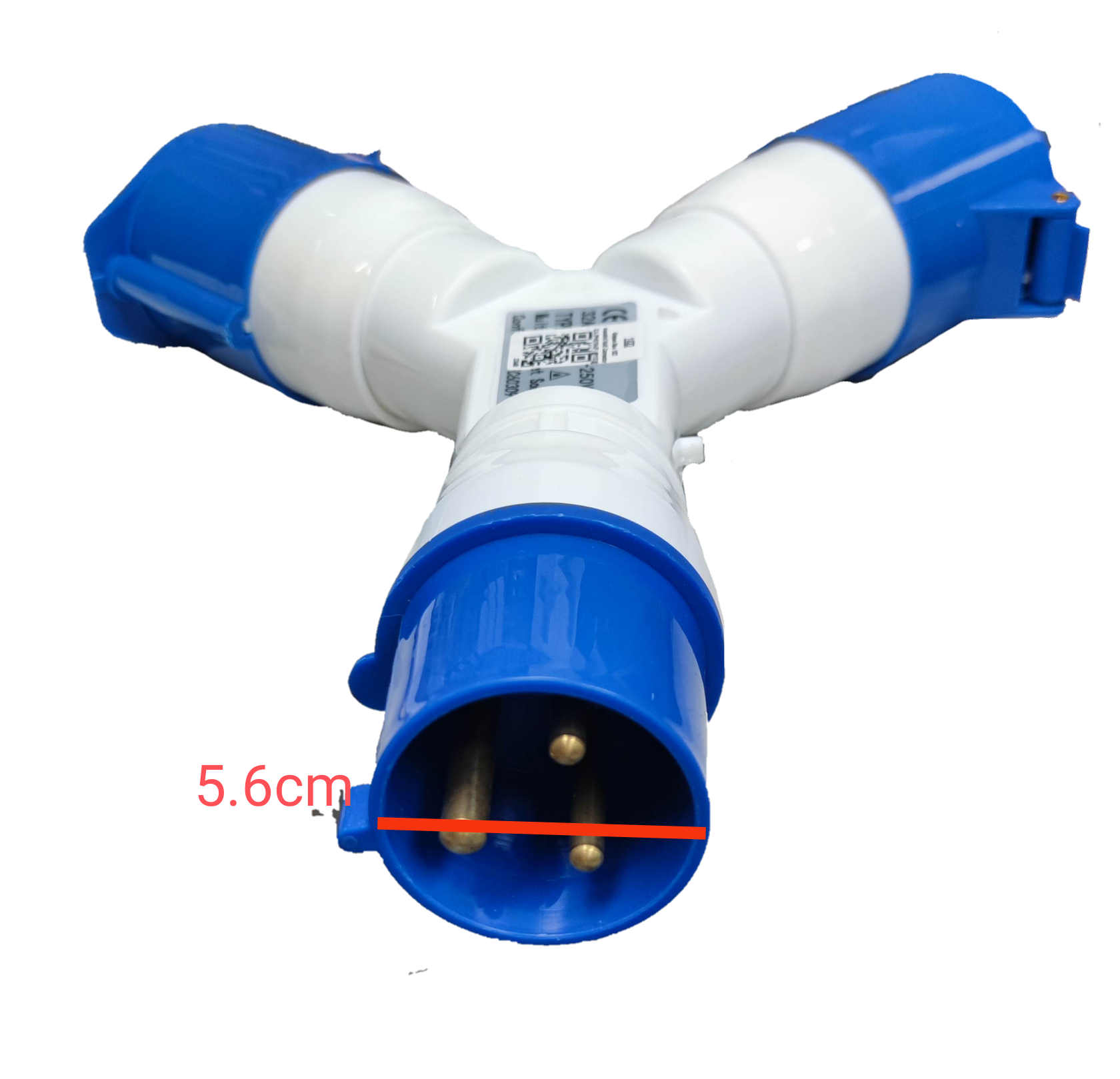 Grippes 32A industrial plug splitter with three blue and white connectors for heavy-duty electrical use