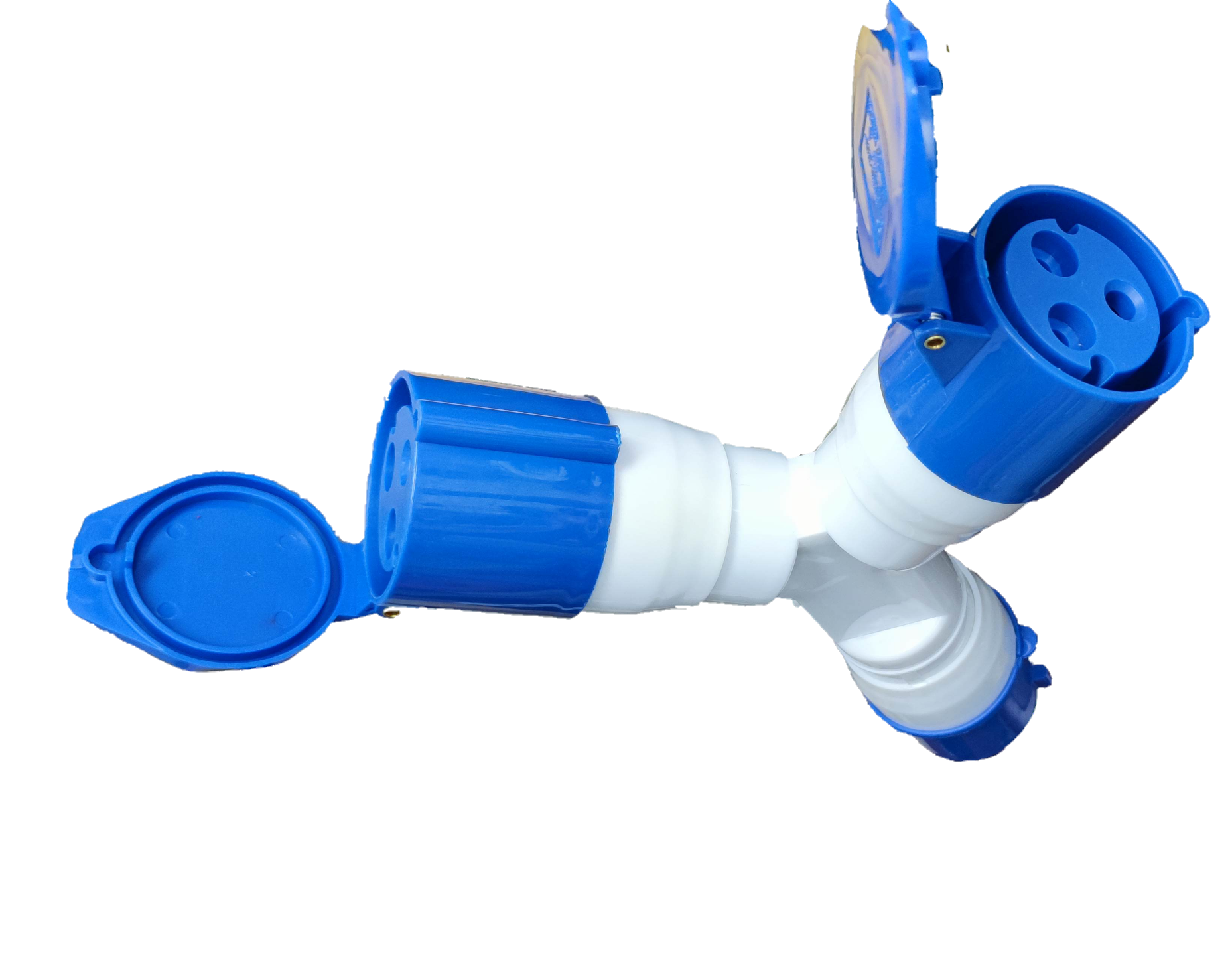 Grippes 32A industrial plug splitter in blue and white with three sockets and protective covers