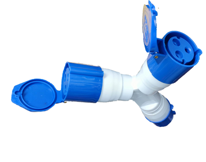 Grippes 32A industrial plug splitter in blue and white with three sockets and protective covers