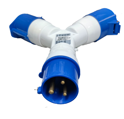 Grippes 32A industrial plug splitter with blue and white design for electrical circuitry use