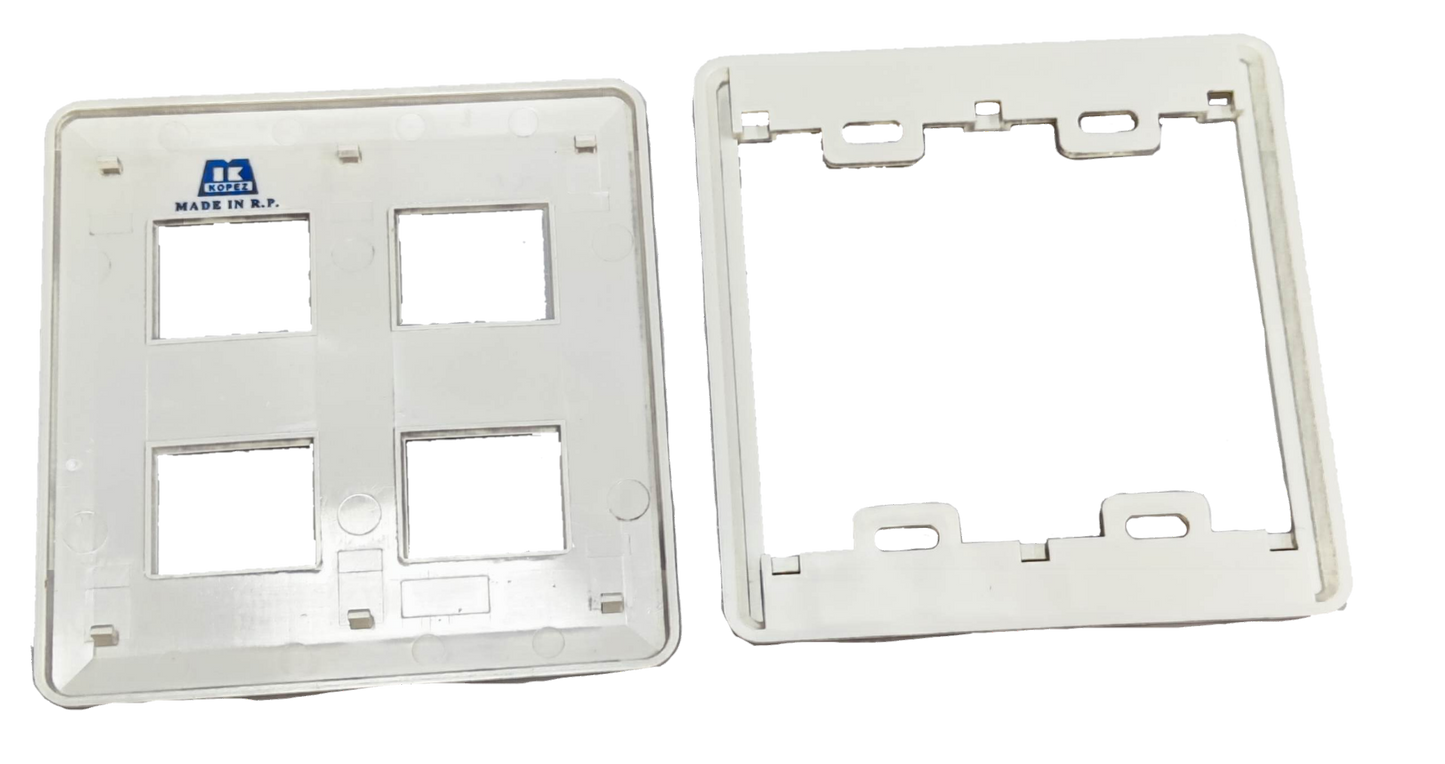 Kopez white 4 gang face plate for electrical switches showing front and back sides