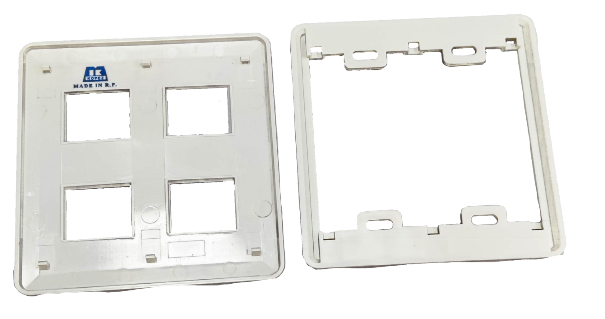 Kopez white 4 gang face plate for electrical switches showing front and back sides