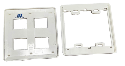 Kopez white 4 gang face plate for electrical switches showing front and back sides