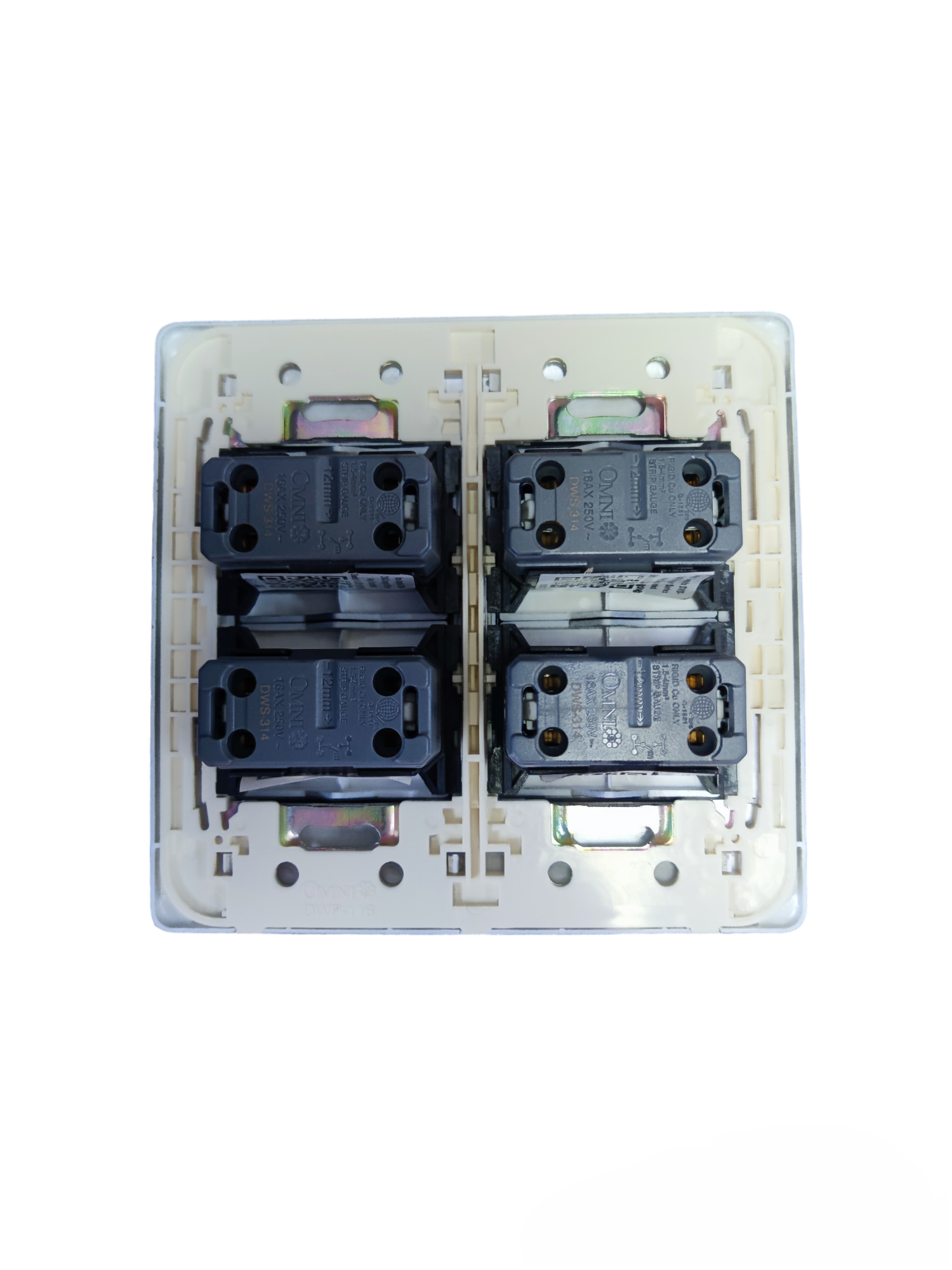 Omni 4 gang illuminated wall switch back view showing wiring and mounting components