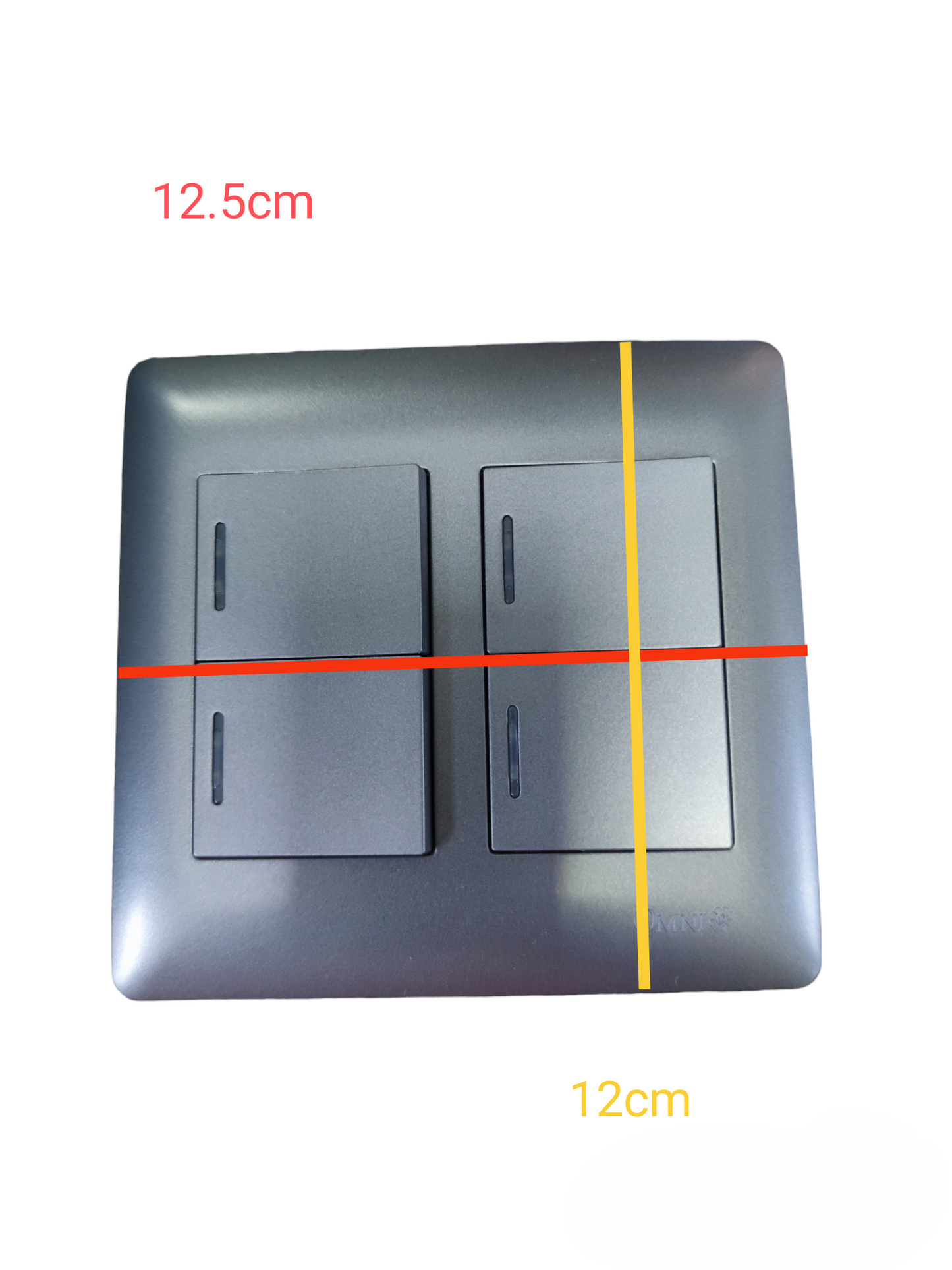 Omni 4 gang illuminated wall switch in matte gray with four rectangular rocker switches