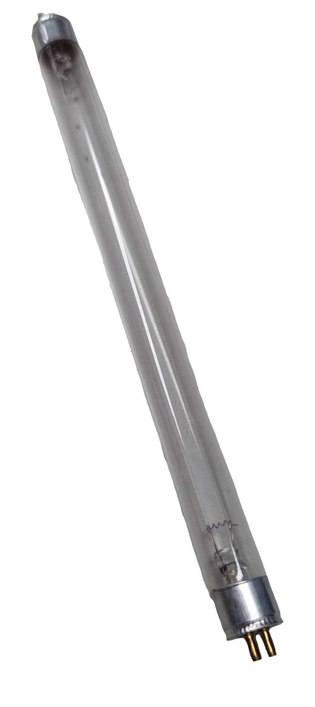 Denko 6W T5 germicidal UV-C tube fluorescent lamp with metal pins on black background