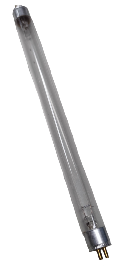 Denko 6W T5 germicidal UV-C tube fluorescent lamp with metal pins on black background