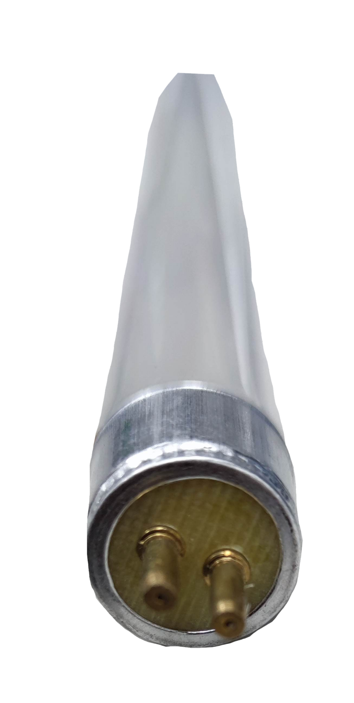 Denko 6W T5 germicidal UV-C tube fluorescent lamp with metal pins on a black background