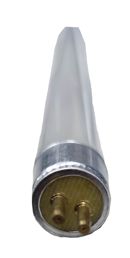 Denko 6W T5 germicidal UV-C tube fluorescent lamp with metal pins on a black background