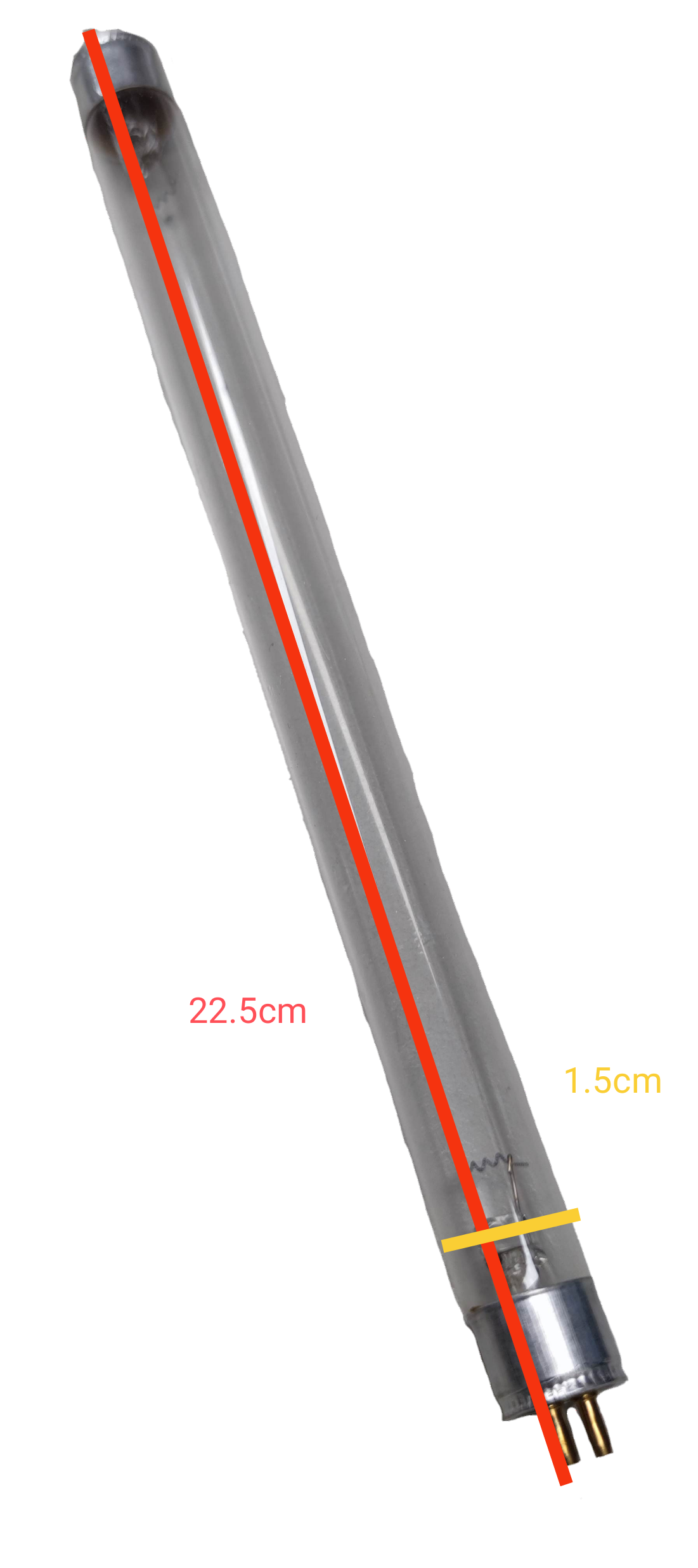 Denko 6W T5 germicidal UV-C tube fluorescent tube with measurements shown on black background