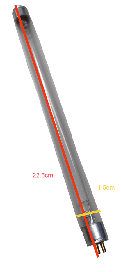 Denko 6W T5 germicidal UV-C tube fluorescent tube with measurements shown on black background