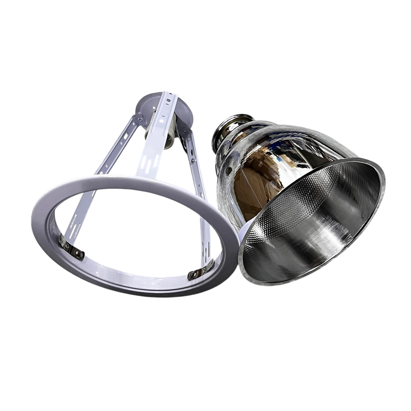 Biglite 8 inch E27 pinlight fixture with reflective silver interior and white mounting bracket