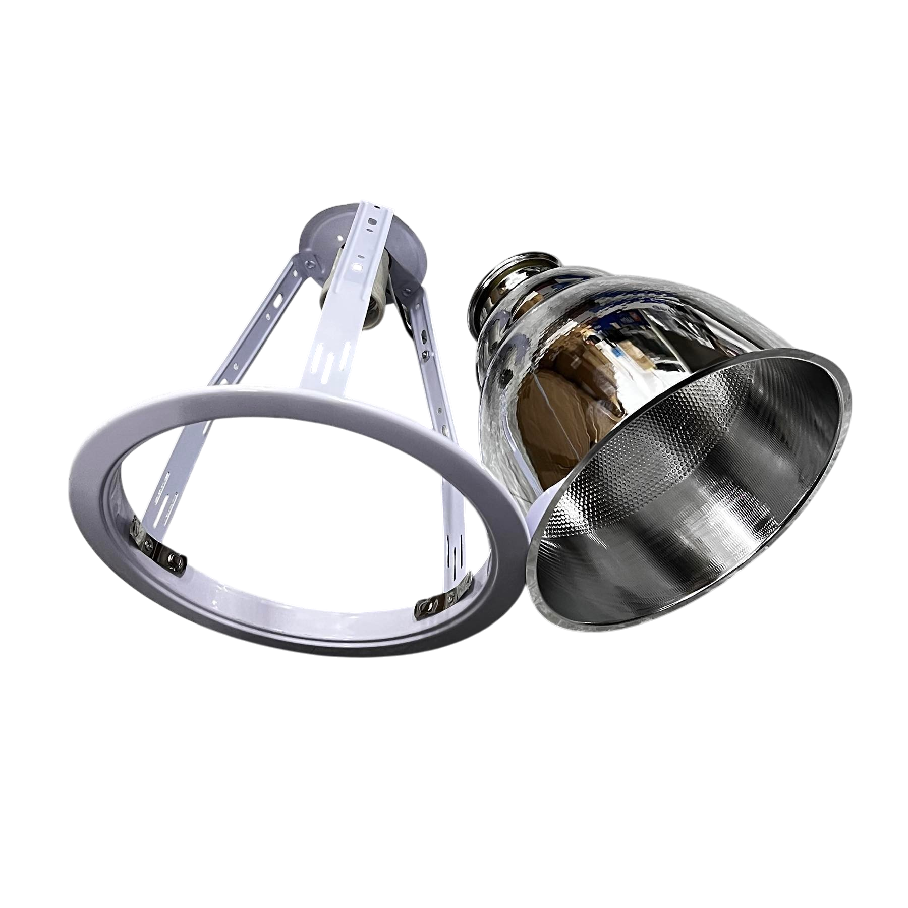 Biglite 8 inch E27 pinlight fixture with reflective silver interior and white mounting bracket