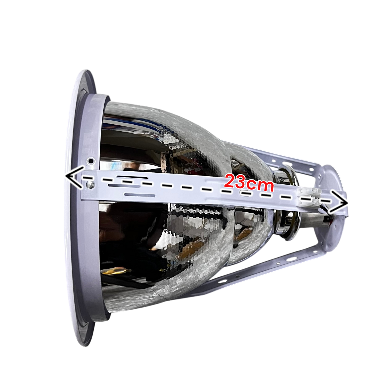 Biglite 8 inch E27 pinlight fixture with reflective metal inner surface and mounting bracket