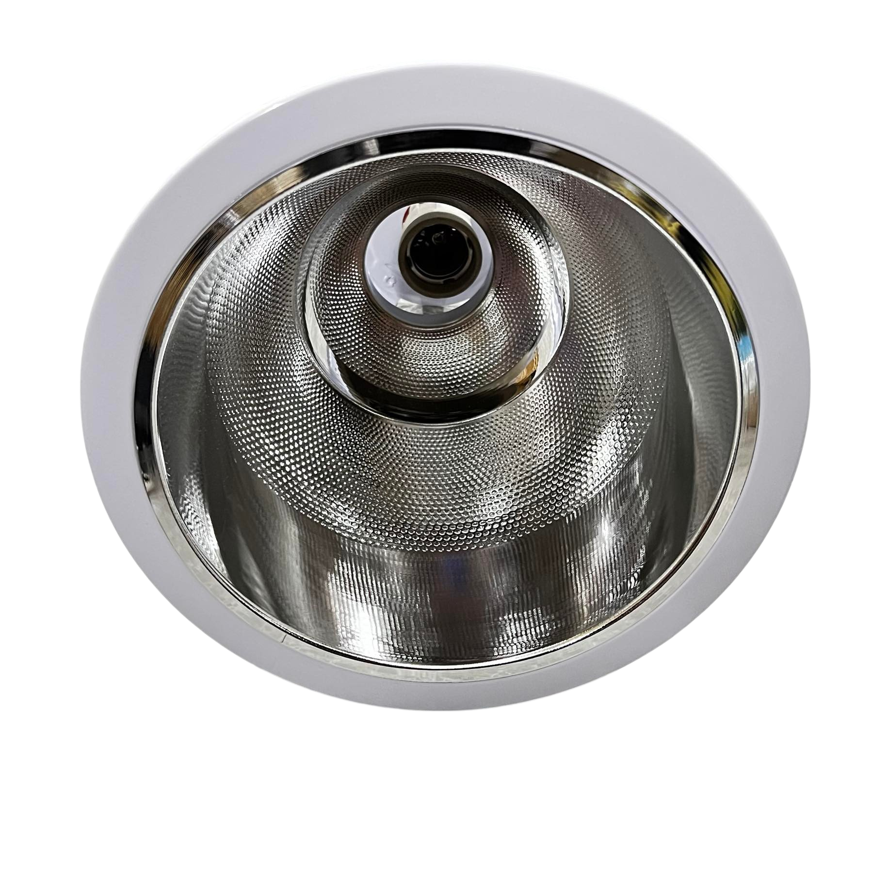 Biglite 8 inch E27 pinlight fixture with reflective silver interior and white outer ring