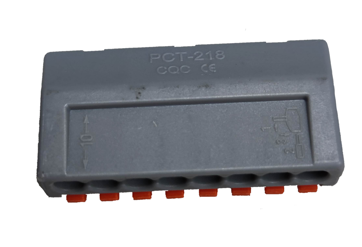 Grey plastic 8 way wire connector for electrical circuitry with secure slots and orange wire locks