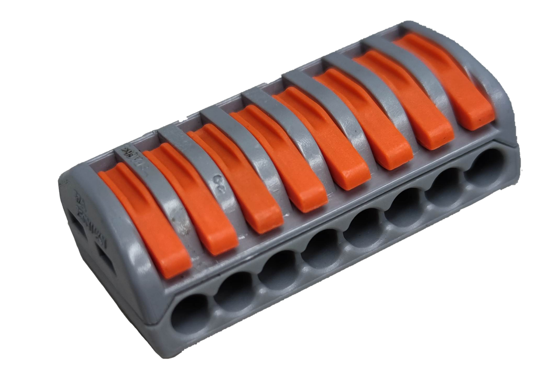 8 way wire connector with orange levers and gray base for electrical circuitry parts