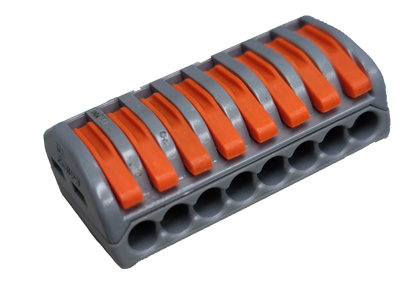 8 way wire connector with orange levers and gray base for electrical circuitry parts