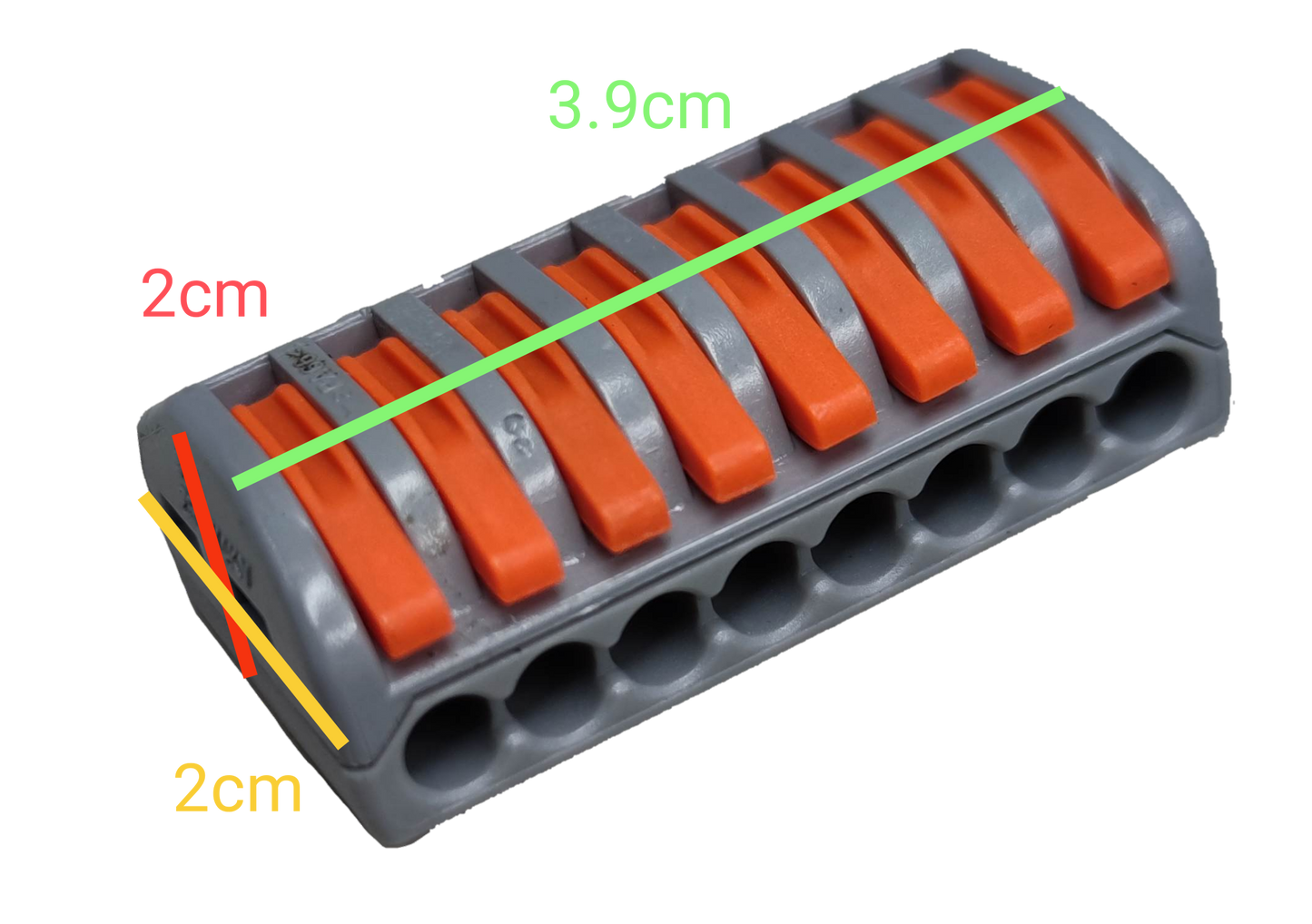 Compact 8 way wire connector with gray body and orange levers for secure electrical connections