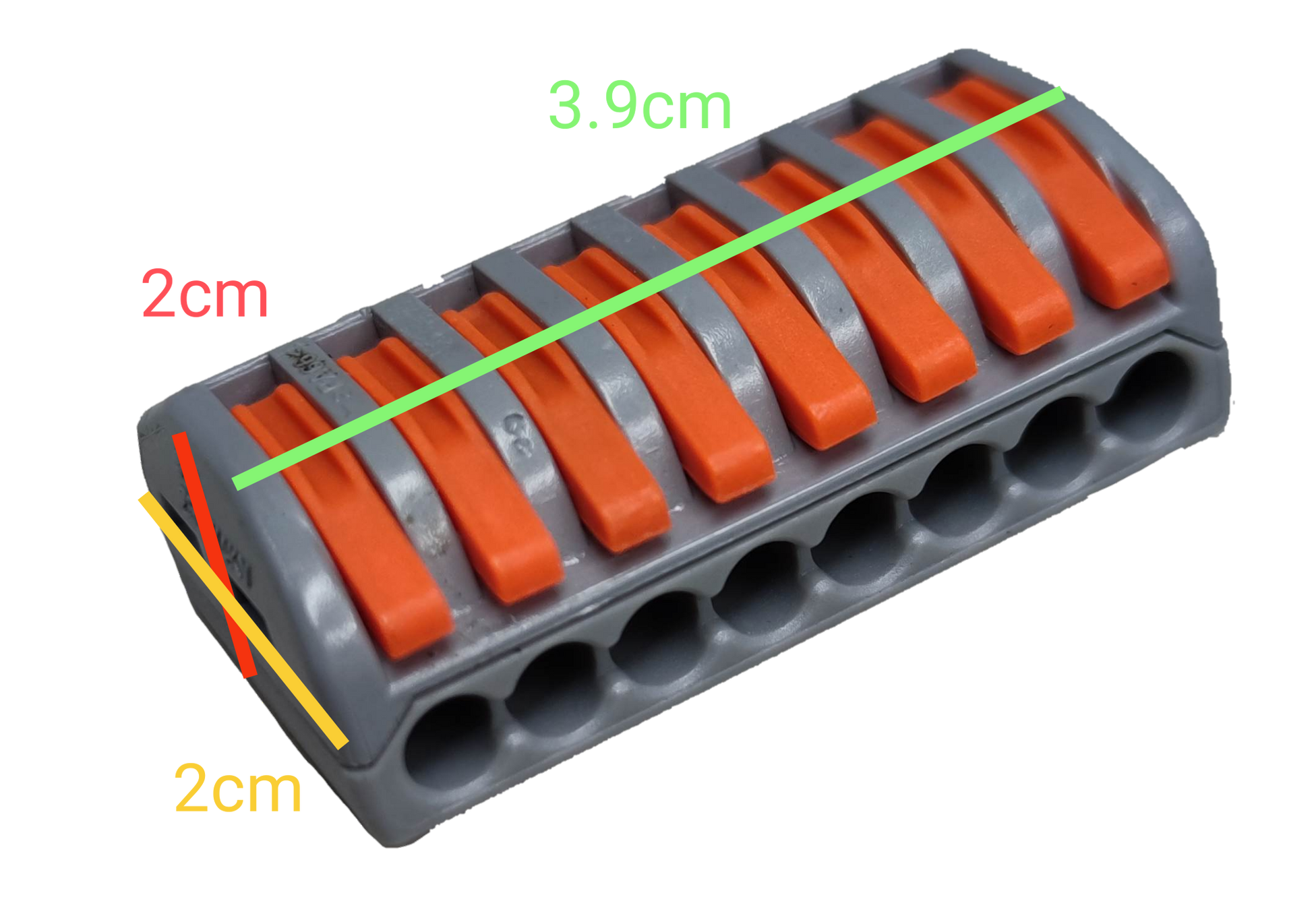 Compact 8 way wire connector with gray body and orange levers for secure electrical connections