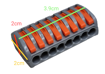 Compact 8 way wire connector with gray body and orange levers for secure electrical connections