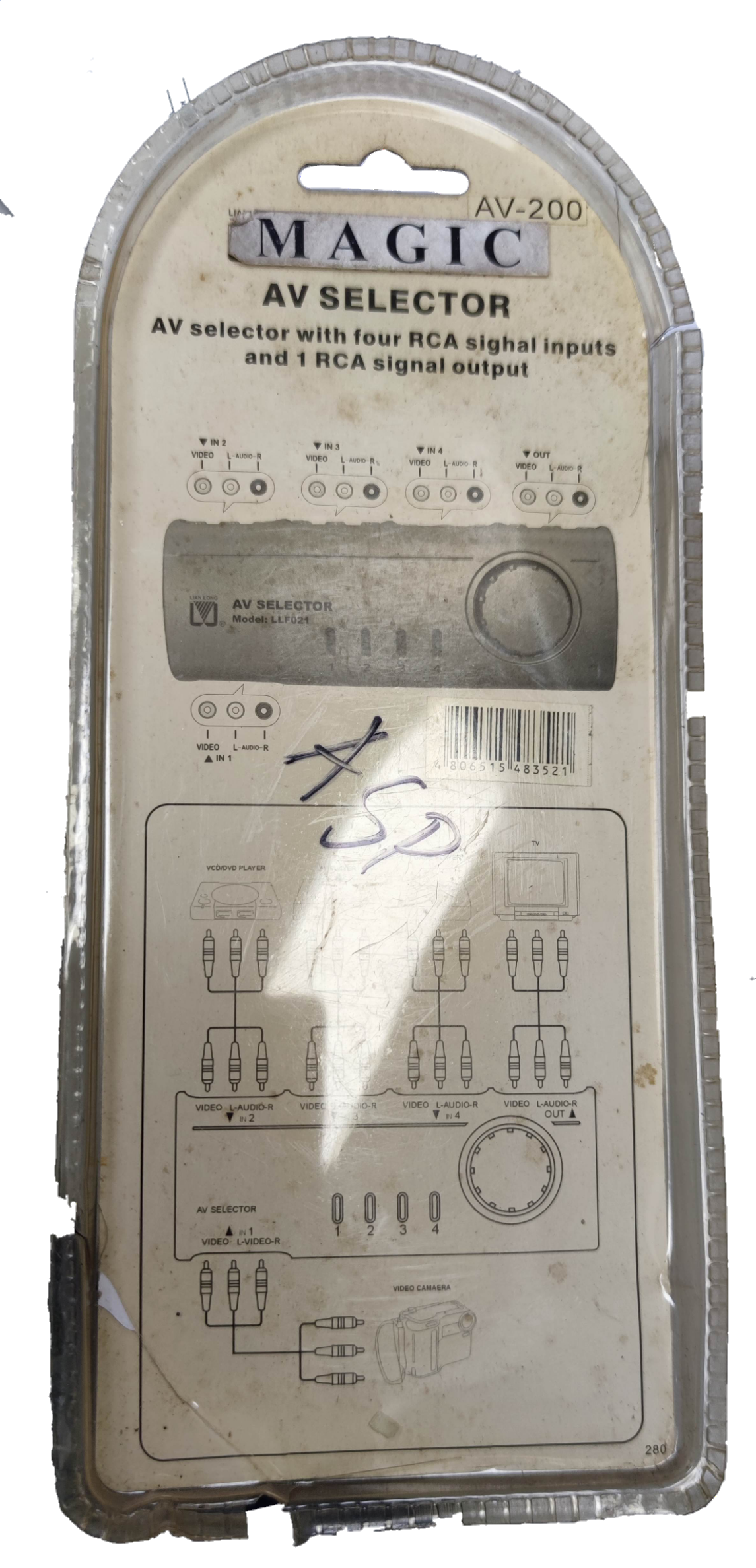 Magic AV selector switch with four RCA inputs and one RCA output audio video selector switch in original packaging