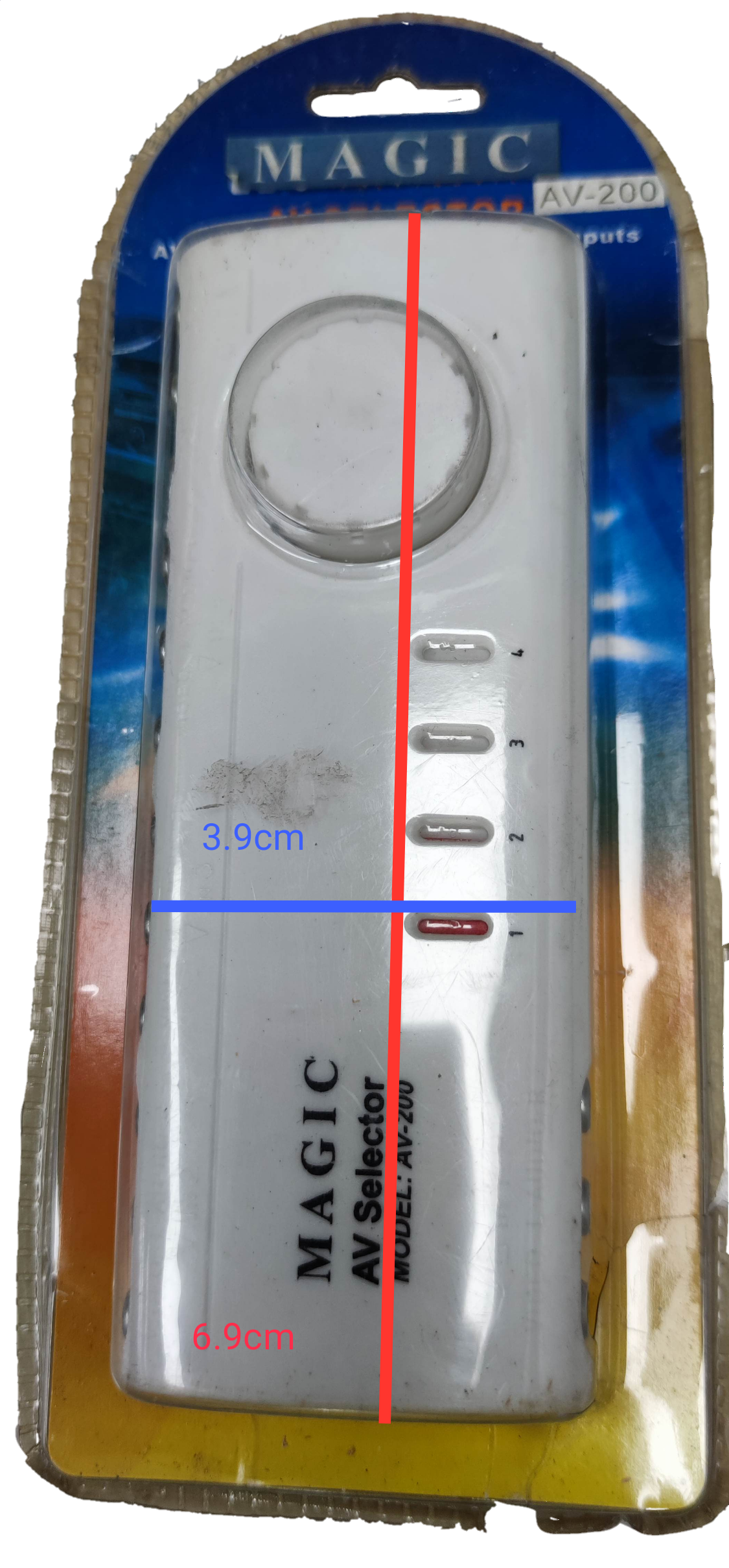 Magic audio video selector switch with multiple input buttons in plastic packaging