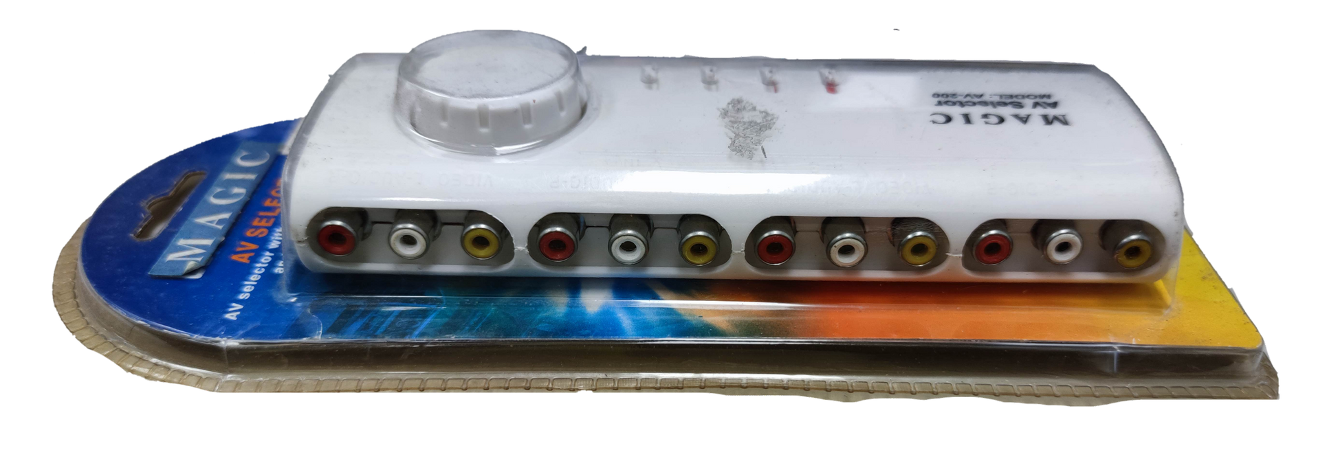 Magic audio video selector switch with multiple RCA input and output ports in white casing