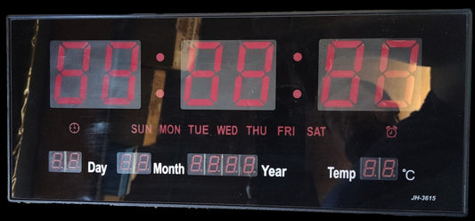 Black LED digital wall clock 220v with large red time display, weekday indicators, date and Celsius temperature