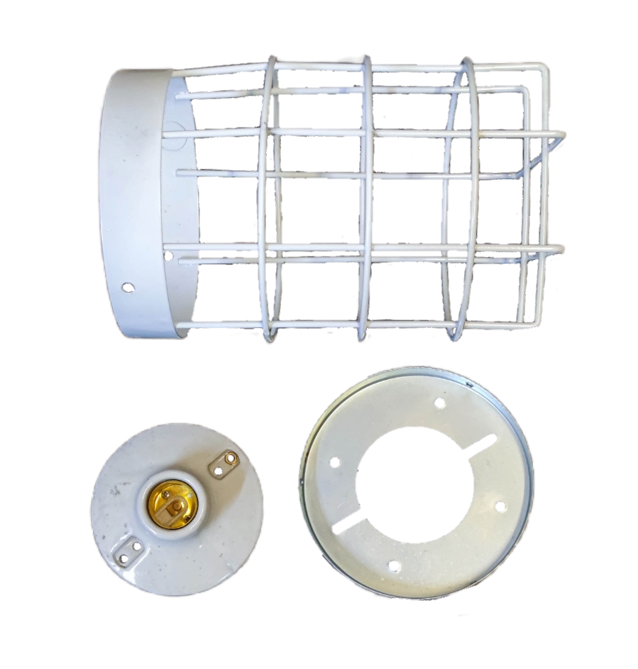 Amco E27 lamp guard 16 cm white metal protective cage with mounting components for lighting installation