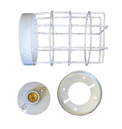 Amco E27 lamp guard 16 cm white metal protective cage with mounting components for lighting installation