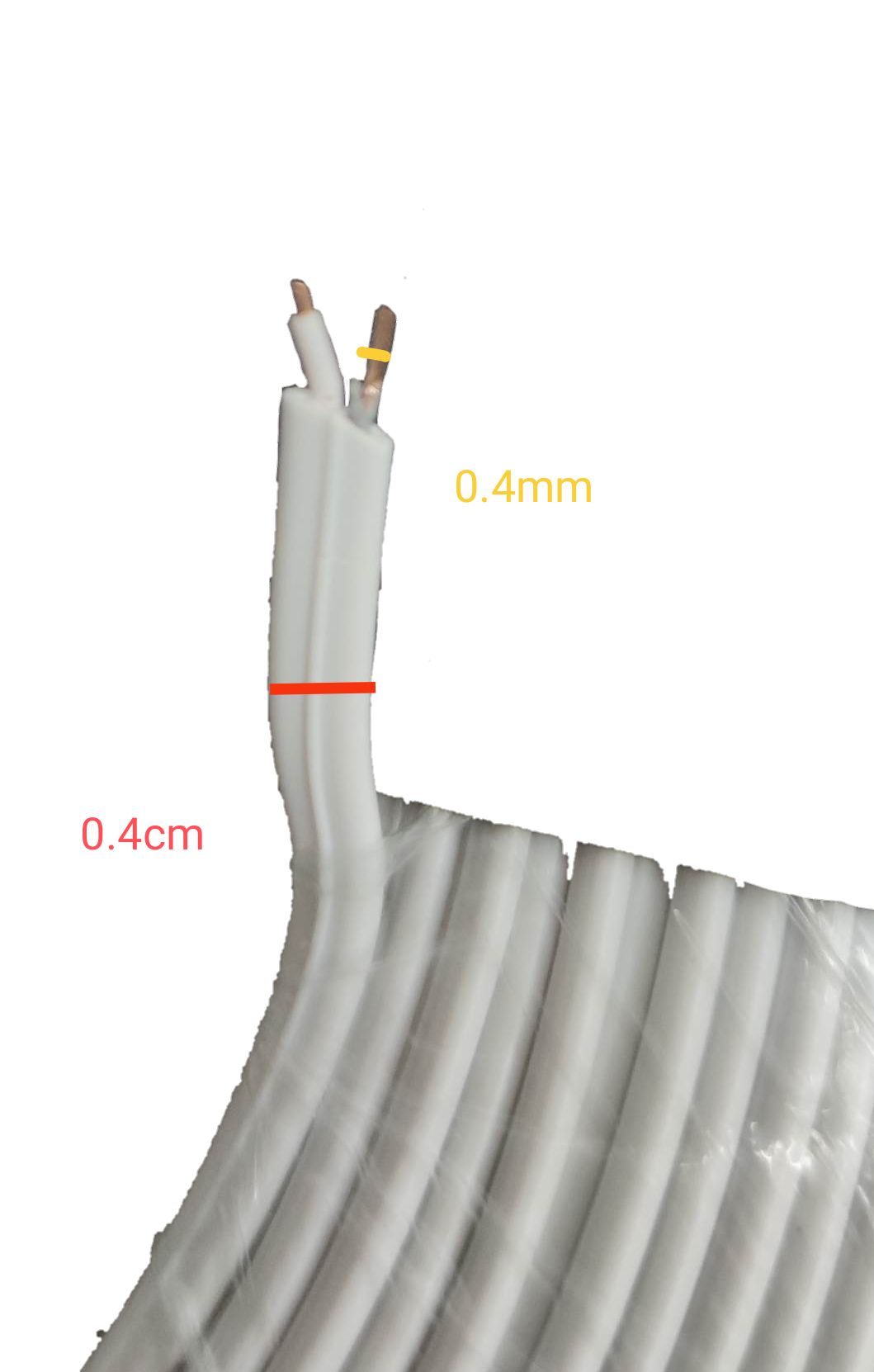 Extension Wire 2 Wire White Color AWG 26 with exposed copper ends wrapped in white insulation