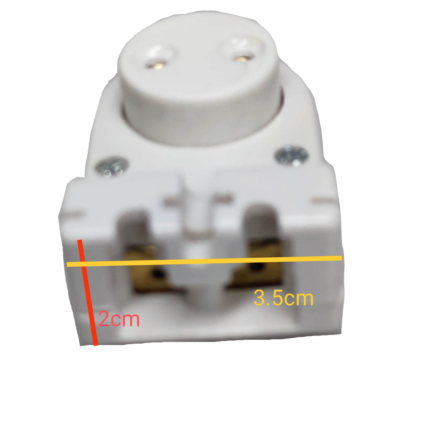 Kopez fluorescent tube holder spring type in white plastic with metal contacts and measurement markings