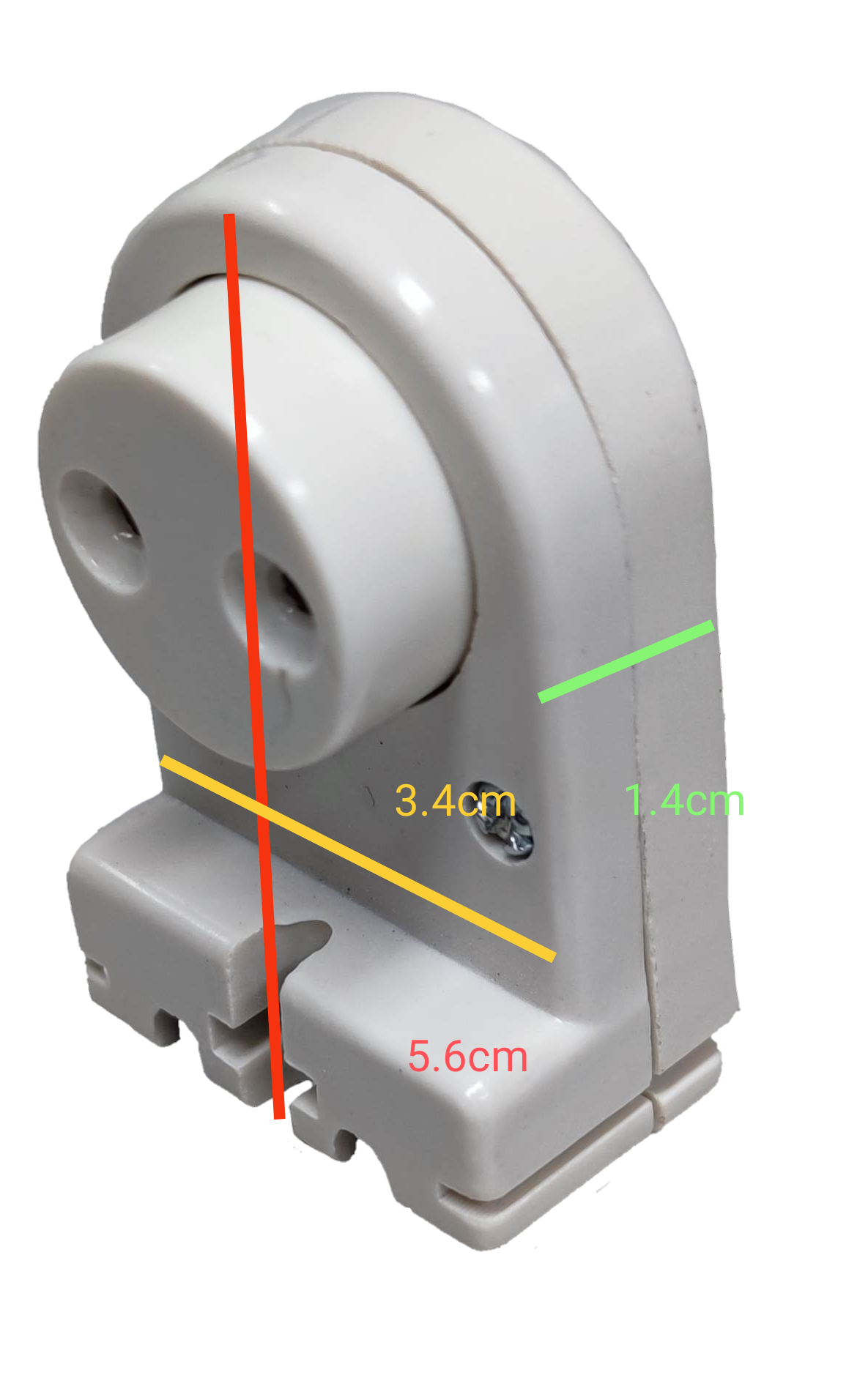 Kopez fluorescent tube holder spring type in white plastic with measurements for lighting installation