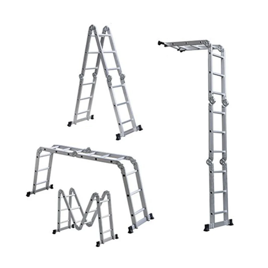 Butterfly foldable multi-purpose ladder 4x4 shown in A frame extension scaffold and compact folded positions