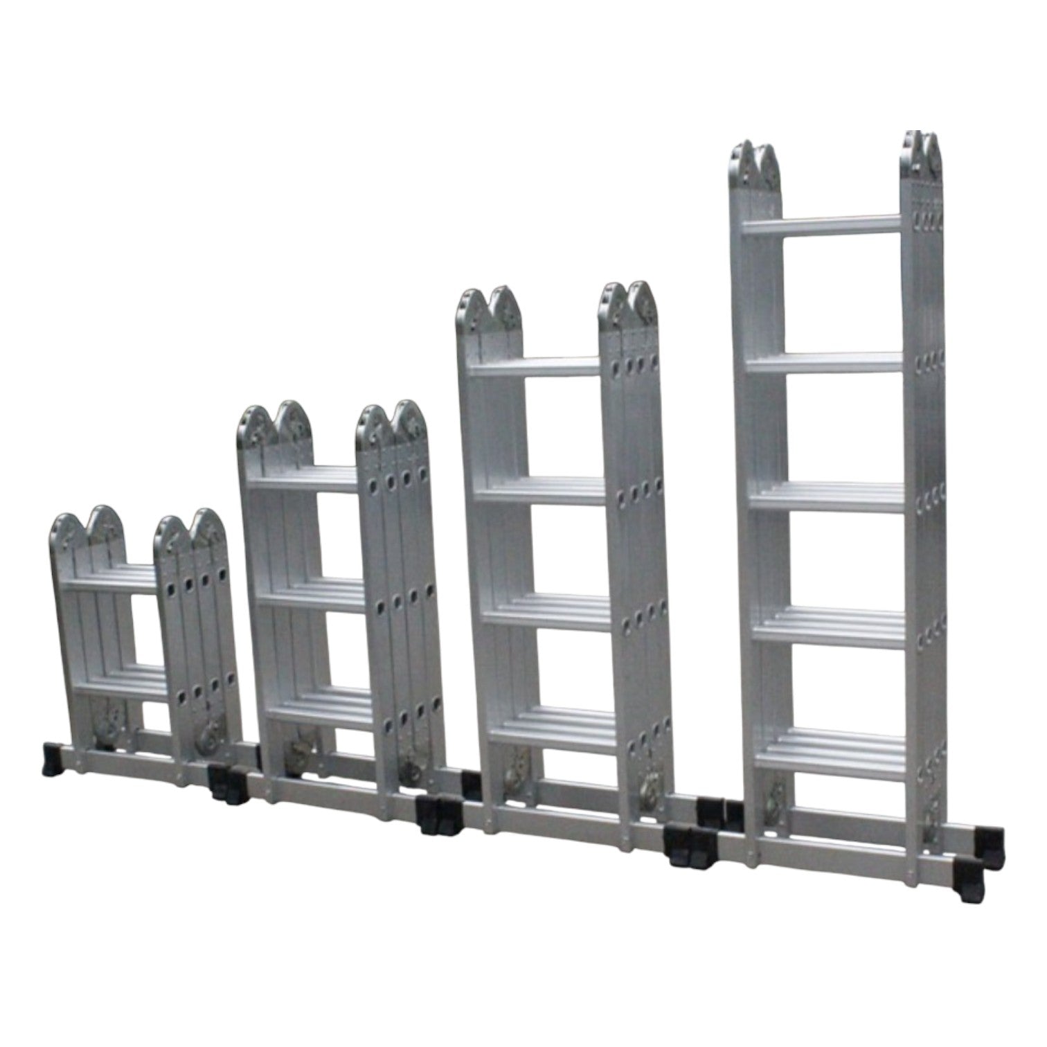 Butterfly foldable multi-purpose ladder 4x4 aluminum articulating ladder displayed in five adjustable height configurations