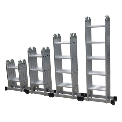 Butterfly foldable multi-purpose ladder 4x4 aluminum articulating ladder displayed in five adjustable height configurations