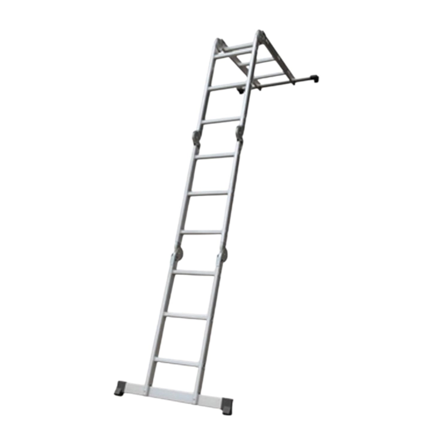 Butterfly aluminum foldable multi-purpose ladder 4x4 shown extended with stabilizer bar and rubber feet