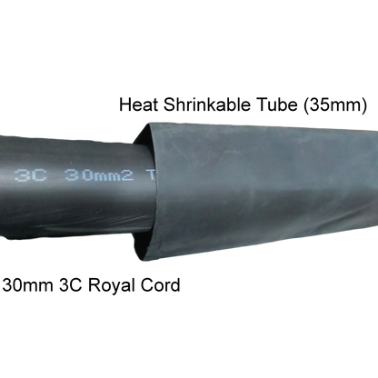 Black Heat Shrinkable Tube Black cable management sleeve partially covering a thick electrical wire