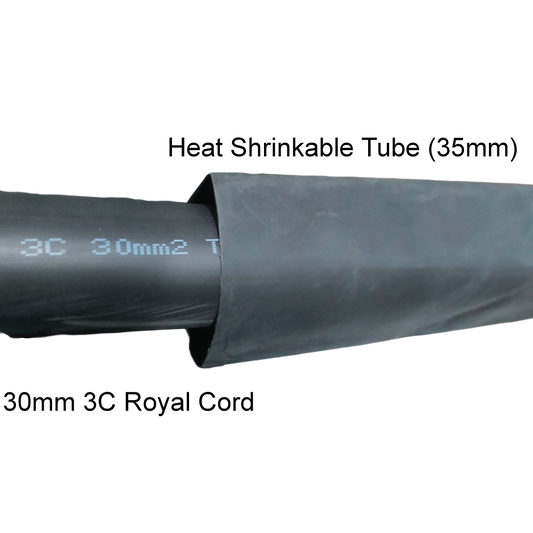 Black Heat Shrinkable Tube Black cable management sleeve partially covering a thick electrical wire