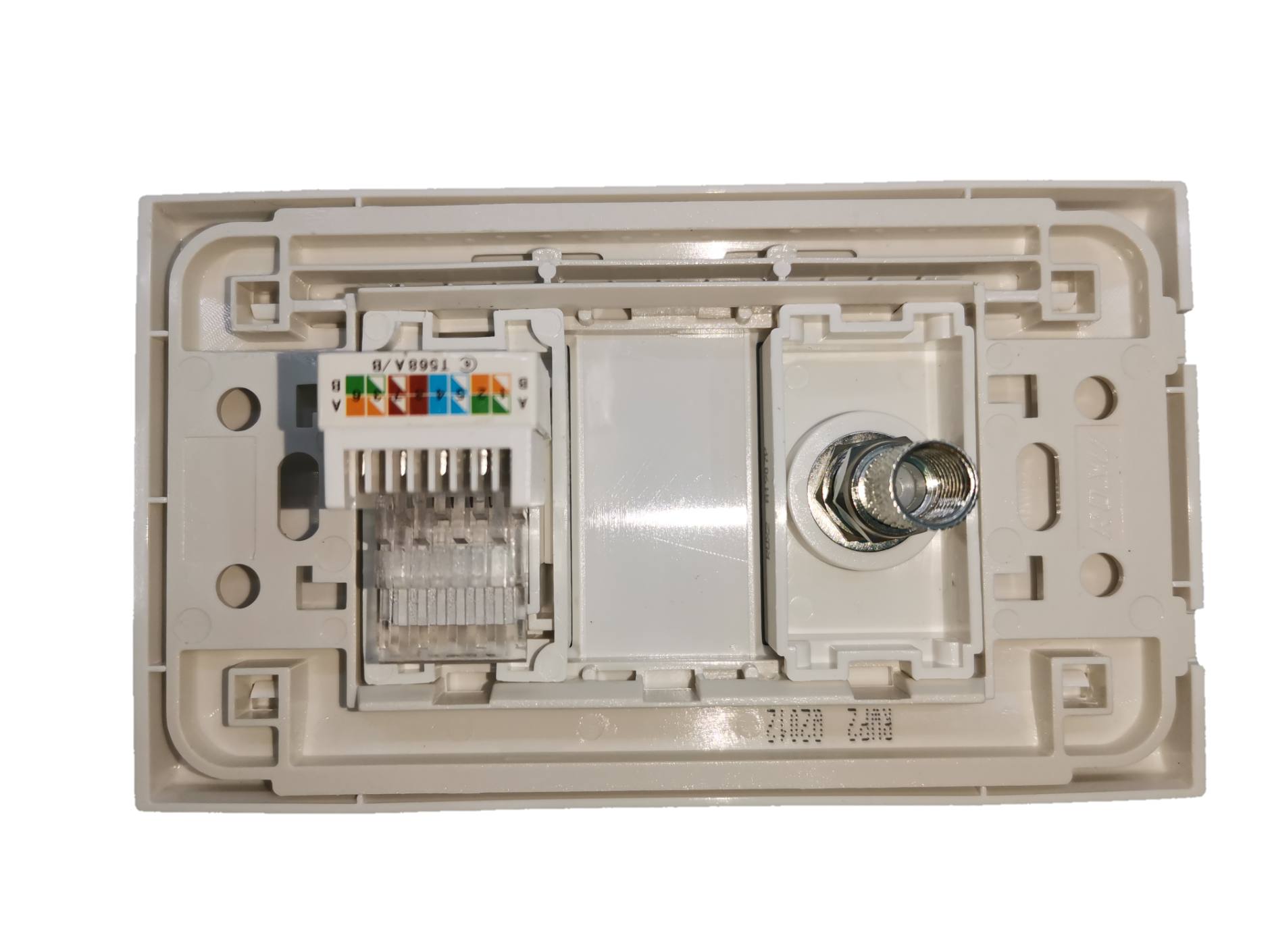 Royu LAN outlet and cable TV socket electrical circuitry part with white plastic casing