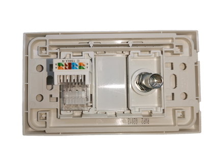 Royu LAN outlet and cable TV socket electrical circuitry part with white plastic casing