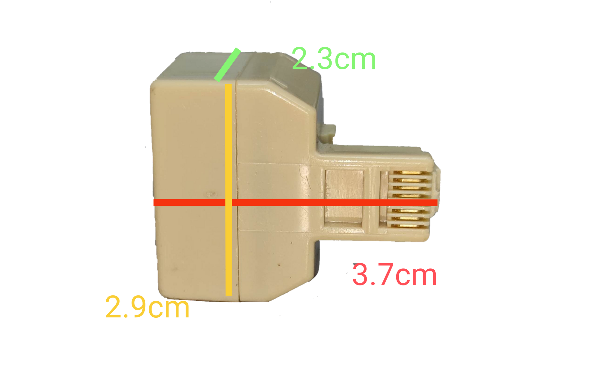 LAN splitter 2 female to 1 male adapter in beige color with dimensions shown against black background