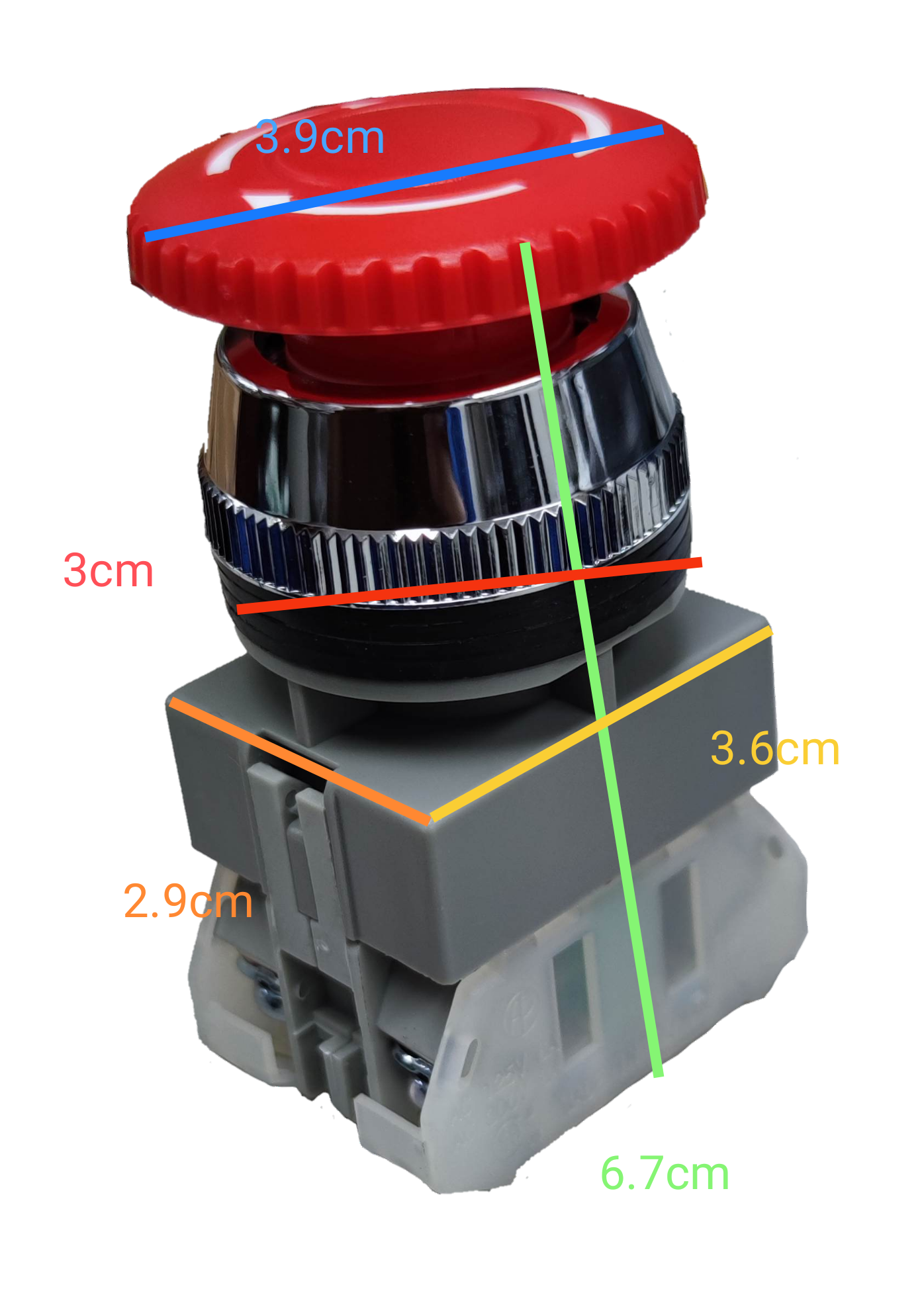 Auspicious latching emergency stop push button with red top and gray base showing dimensions