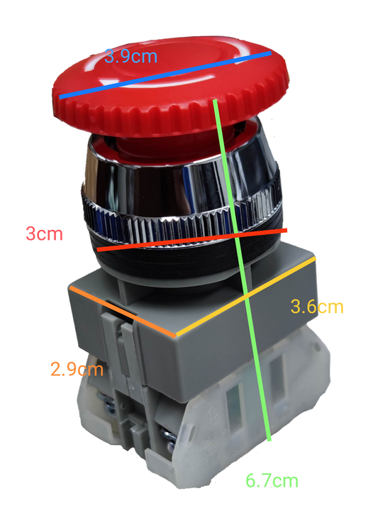 Auspicious latching emergency stop push button with red top and gray base showing dimensions