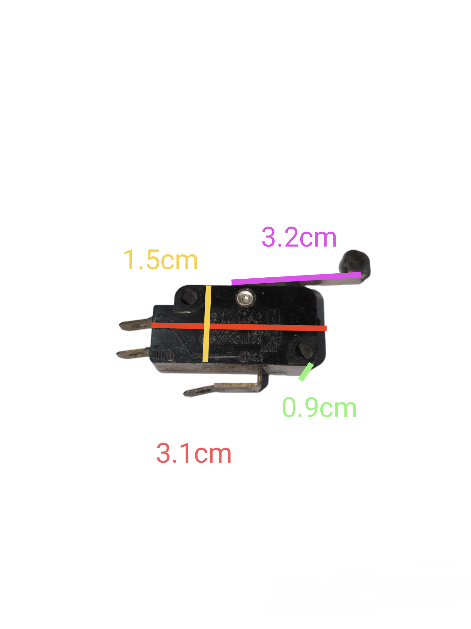 Omron Microswitch 1NO 1NC 2A 250V with metal lever and three terminals showing dimensions