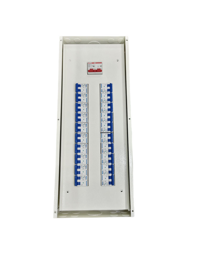 Panel Board 100A 2Pole Main electrical panel with multiple circuit breakers in white casing