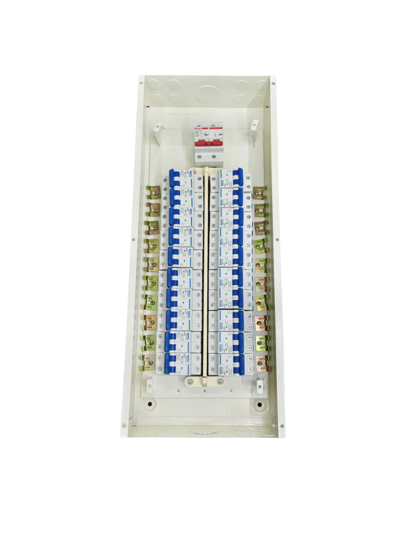 Panel Board 100A 2Pole Main electrical circuit breaker panel with multiple switches in white enclosure